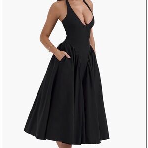 House of CB Marilyn Gingham Black Halter V-Neck Midi Dress with Pockets